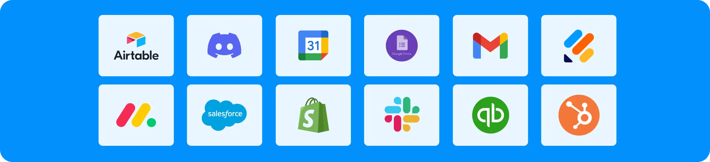 A grid of icons representing various software tools and platforms on a blue background. The tools include Airtable, Discord, Google Calendar, Google Forms, Gmail, JotForm, Monday.com, Salesforce, Shopify, Slack, QuickBooks, and HubSpot, showcasing their seamless integration capabilities.