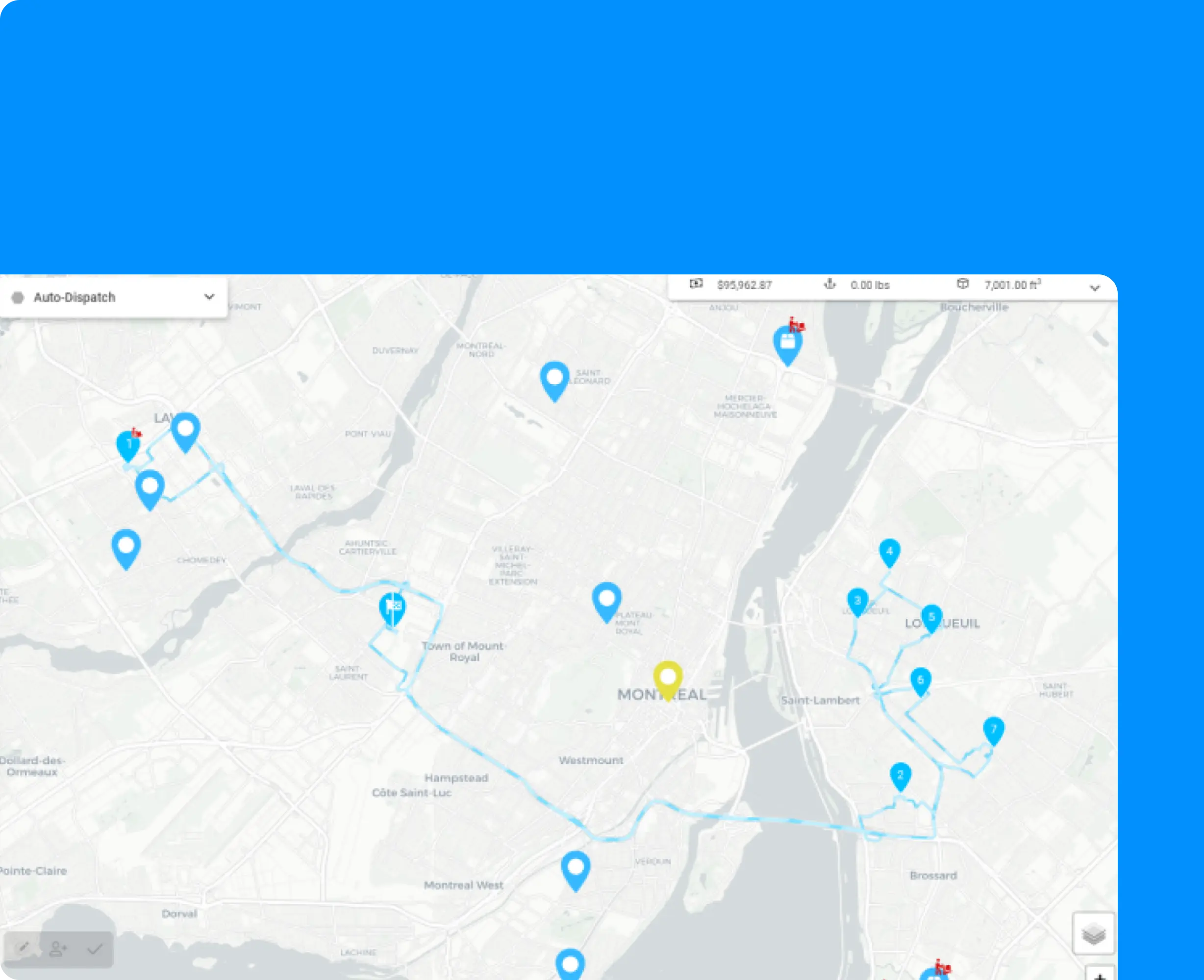 A digital map interface displaying multiple blue location markers connected by a route.