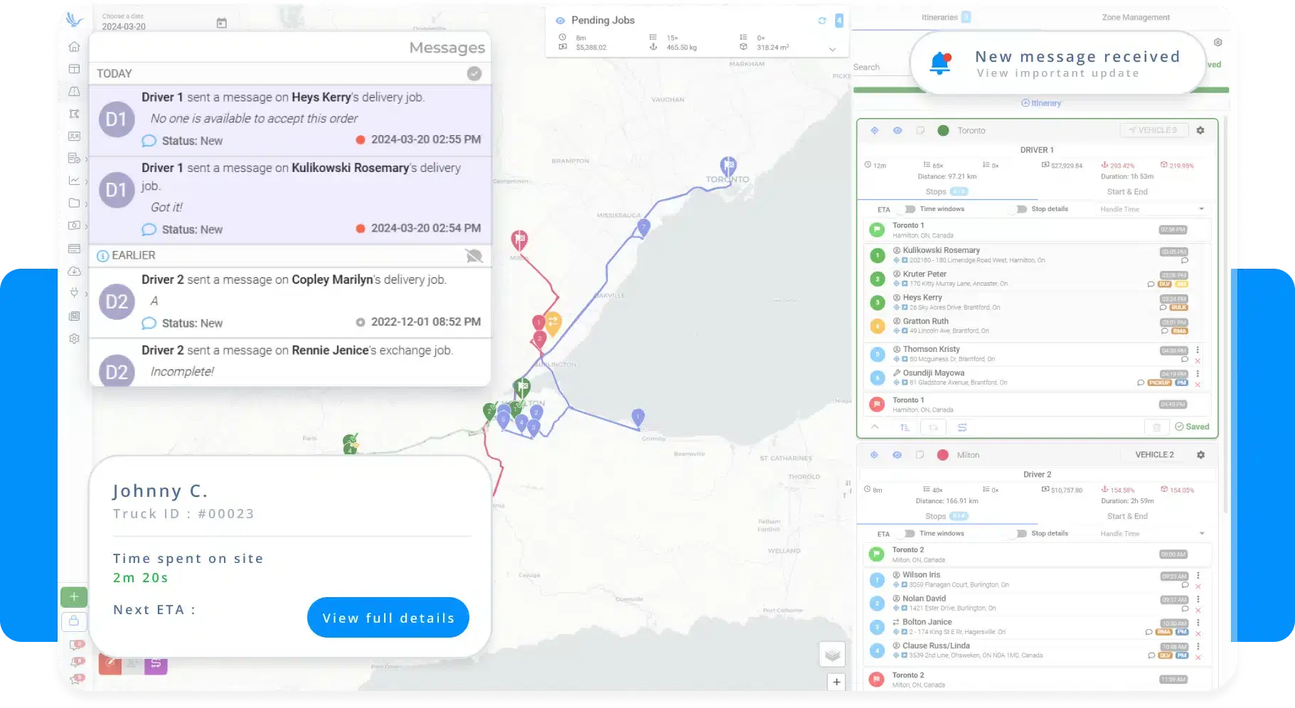 A screenshot of a last mile delivery tracking software interface showing a map with driver routes, message notifications, and a detailed driver profile.