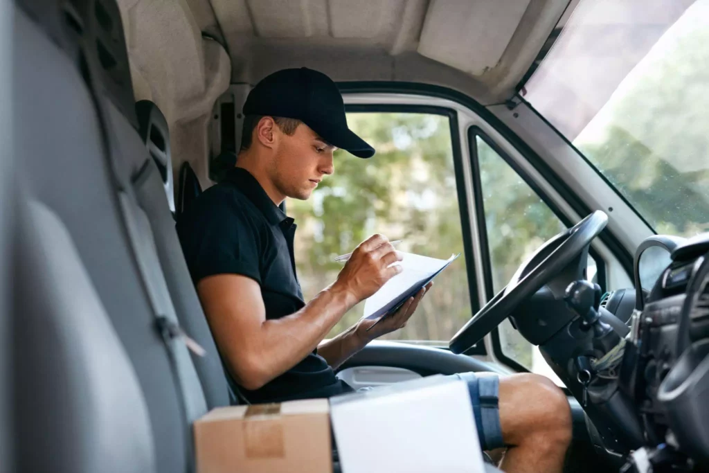 A delivery driver reading from a clipboard while sat in his van