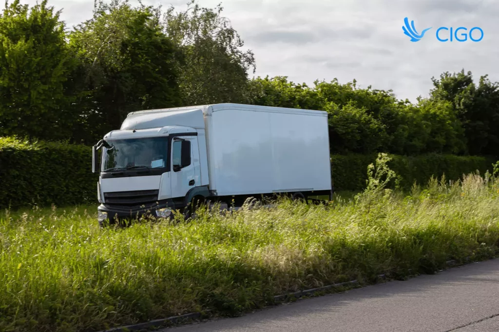 White delivery truck driving along a green suburban road, symbolizing optimized routing and fuel-efficient planning enabled by delivery management systems