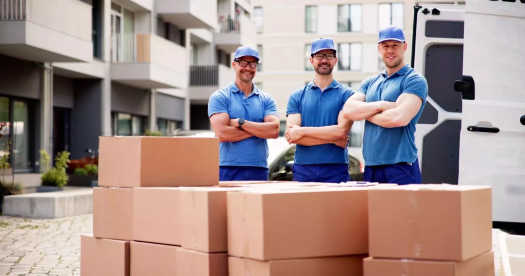 Three delivery workers in blue shirts standing by stacked boxes symbolizing integrated 3PL delivery teams