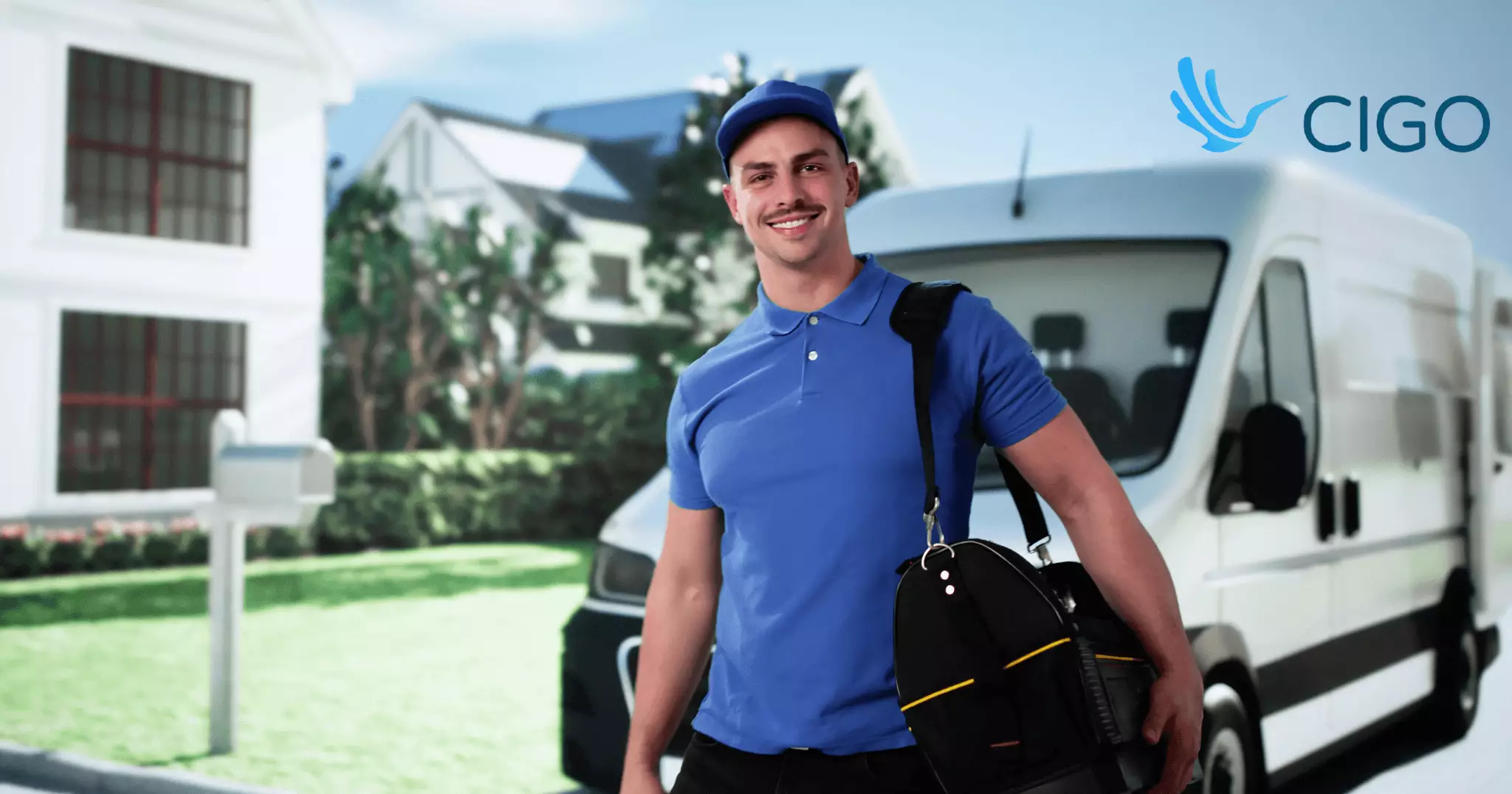 Smiling delivery driver with bag standing in front of van at residential address