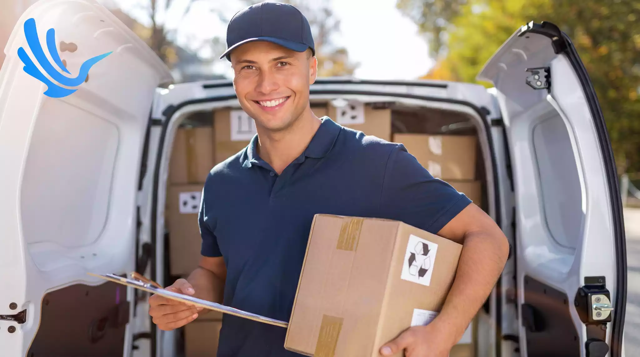 Delivery driver holding package and clipboard at van