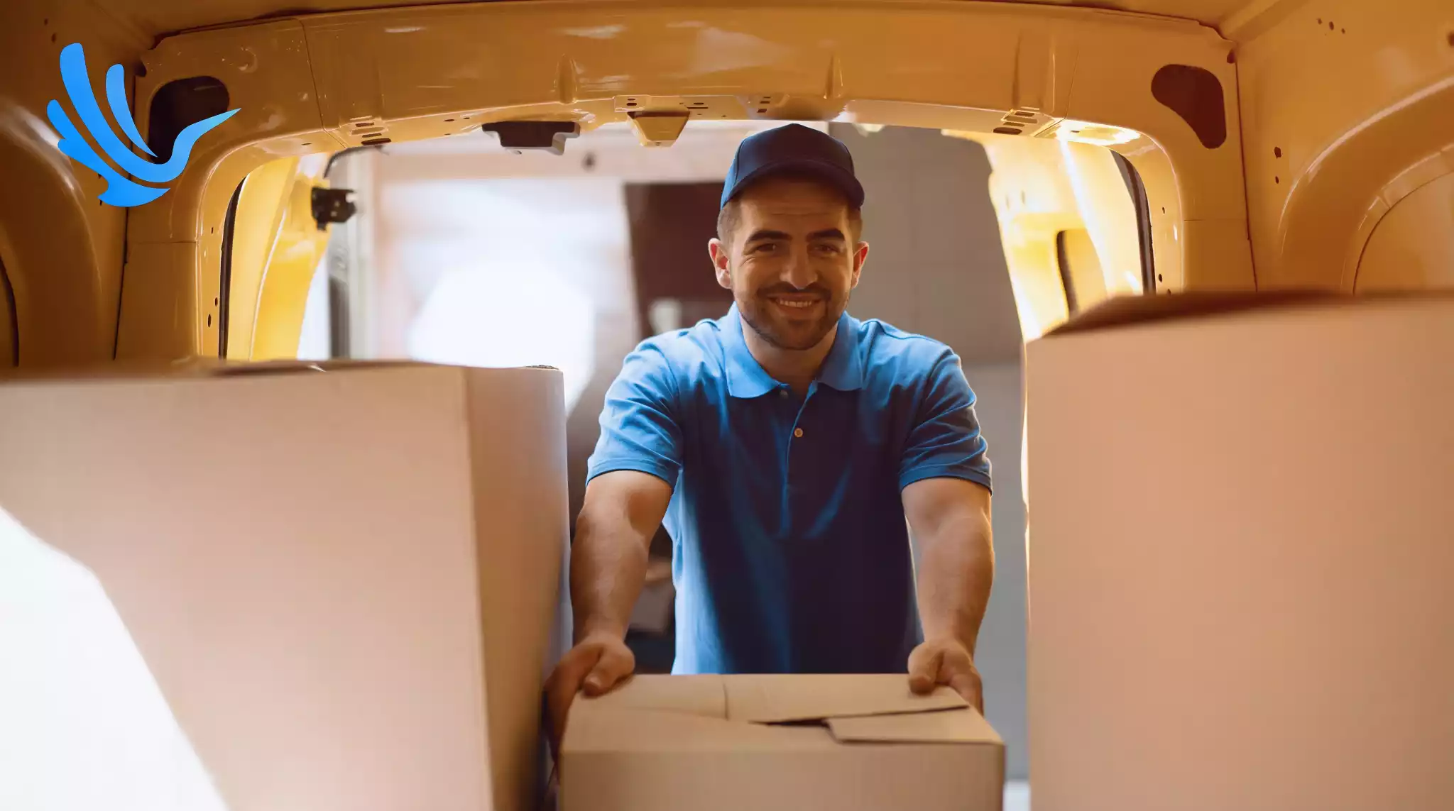 White delivery van driving on city highway route