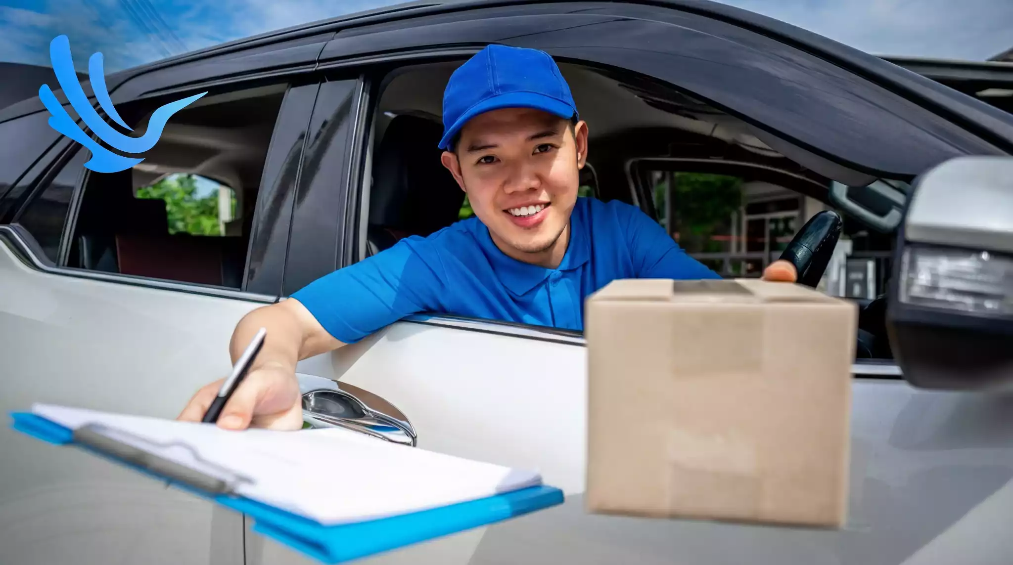 Delivery driver confirming stop with clipboard and package from vehicle