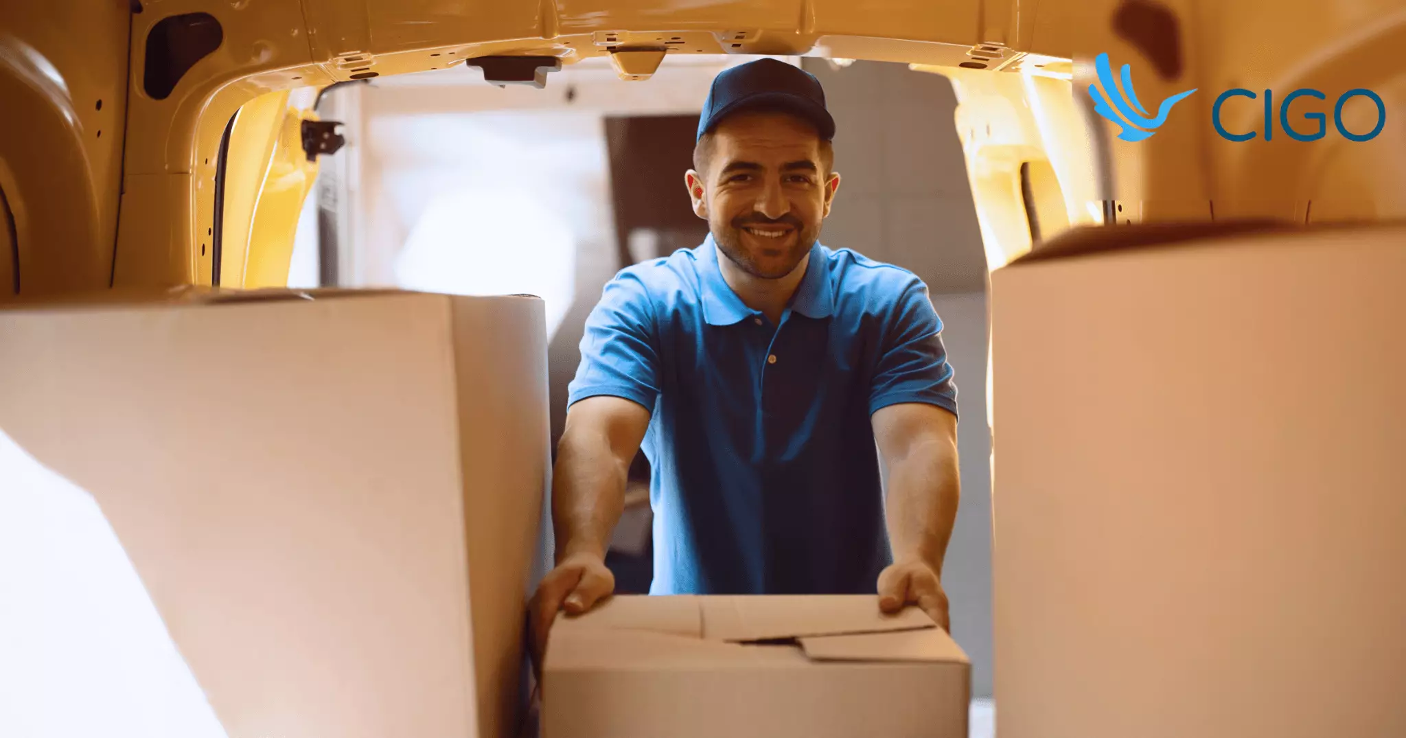 White delivery van driving on city highway route