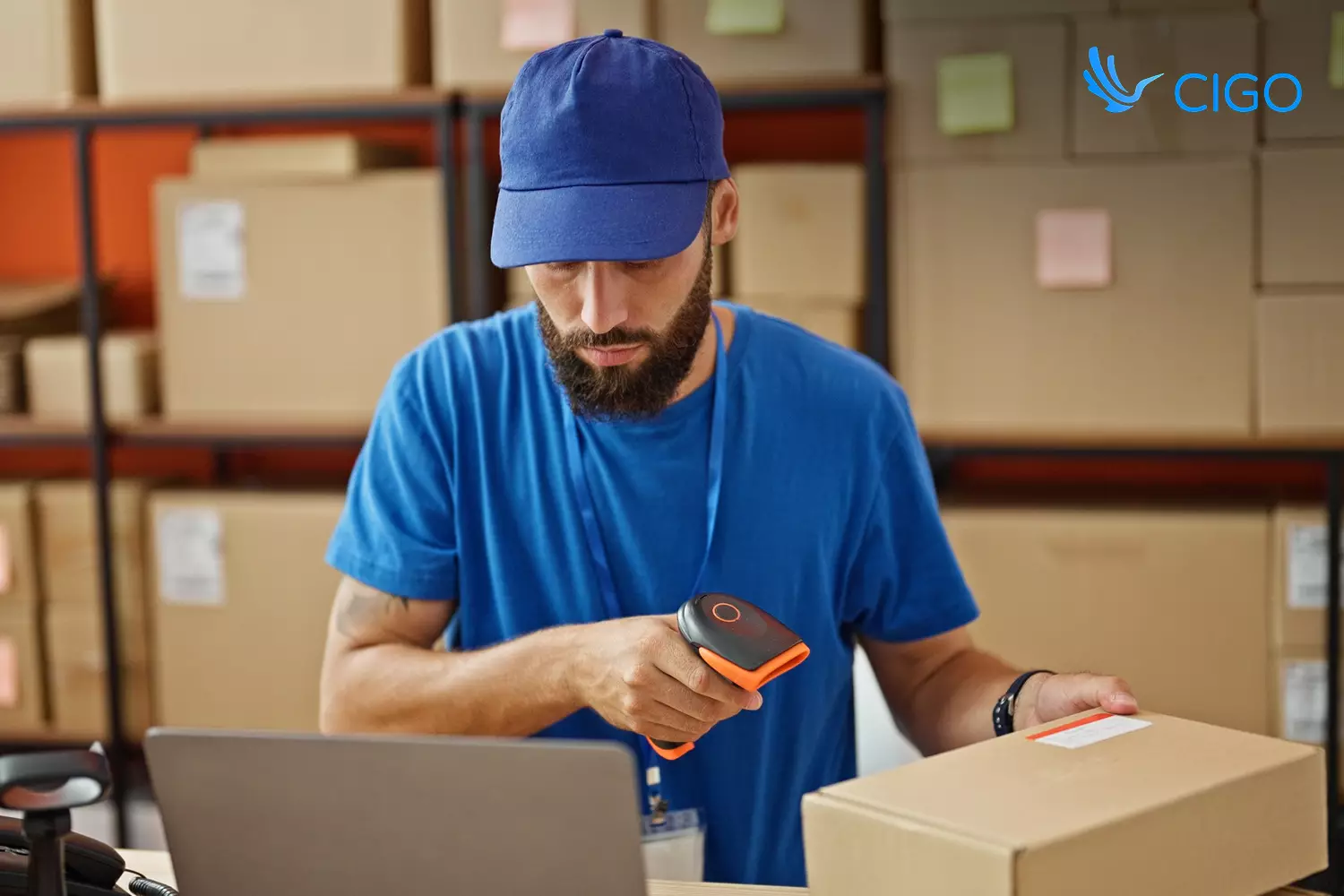 Warehouse worker scanning package at depot before dispatch